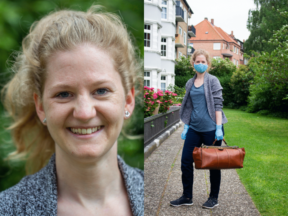 Ein Bild der Hebamme Rebecca Teetzen mit Mundschutz und Handschuhen. Foto: Pernille Klingenberg