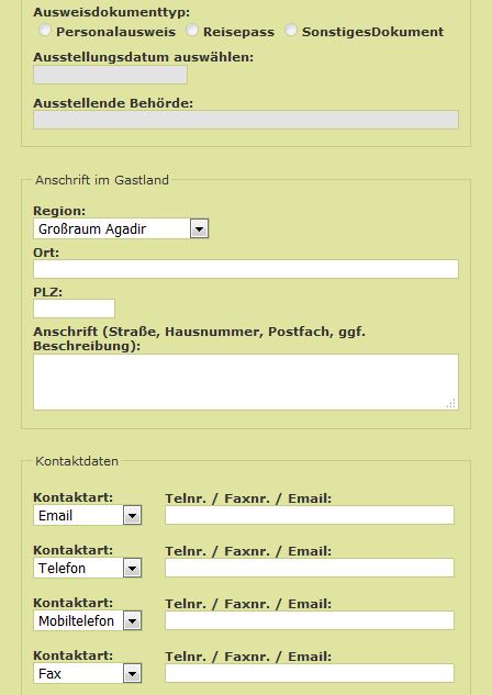 In diesem Bild werden der Aufenthaltsort und die Kontaktdaten eingegeben.