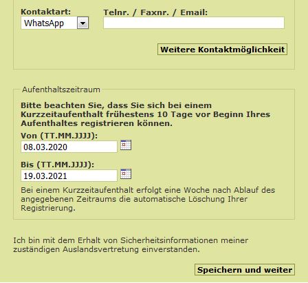 Das Bild zeigt die Eingaben der Aufenthaltsdauer.