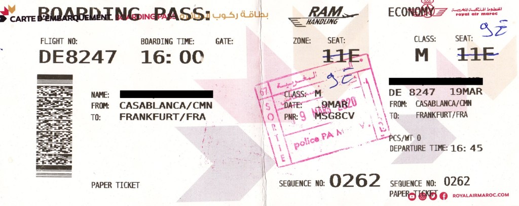 Das Bild der Bordkarte von Casablanca nach Frankfurt.