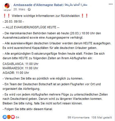 Das Bild zeigt eine Facebook-Nachricht der Botschaft.