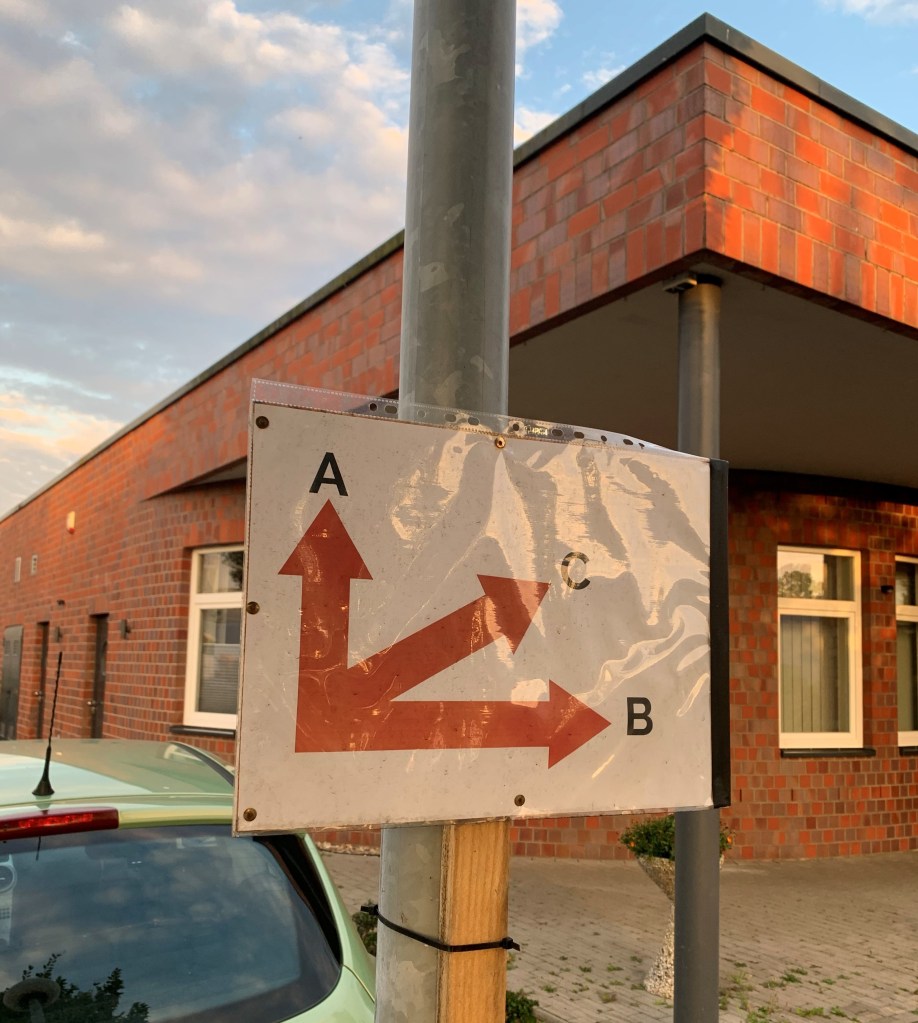 Ein Bild des Wegweisers mit den verschiedenen Eingängen der Tanzschule.